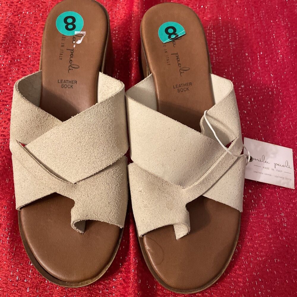 Womens Size 8 Italian Leather Chunky Heel Toe Slide Sandals Cruise Resort Wear
